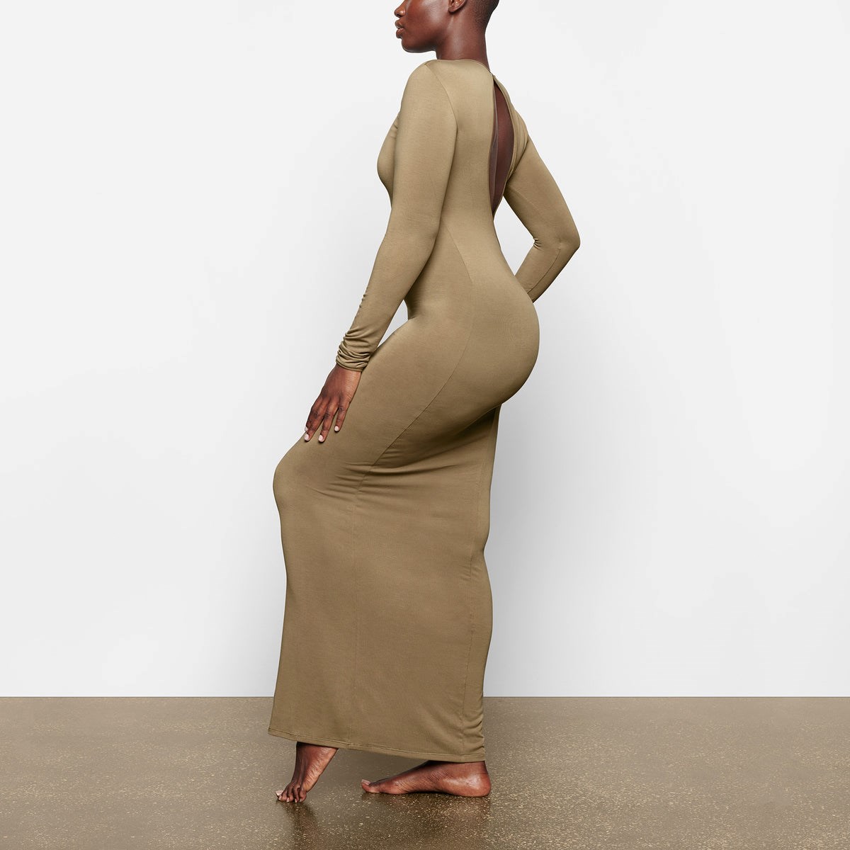 SKIMS Smooth Lounge Long Sleeve Open Back Klänning Khaki | TI7536184