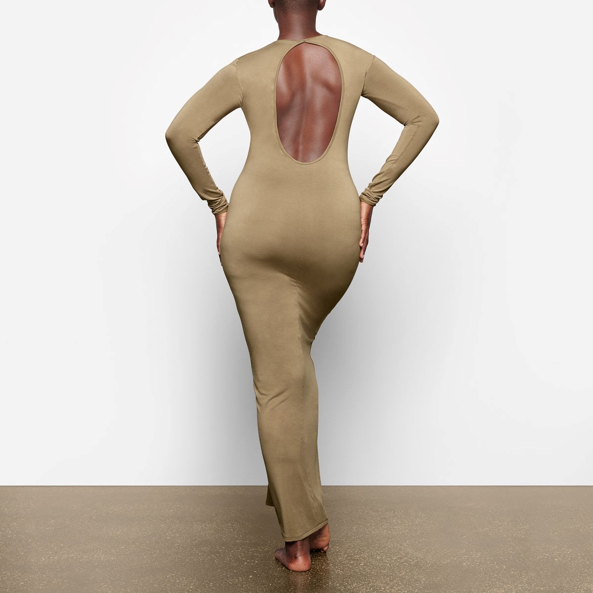 SKIMS Smooth Lounge Long Sleeve Open Back Klänning Khaki | TI7536184